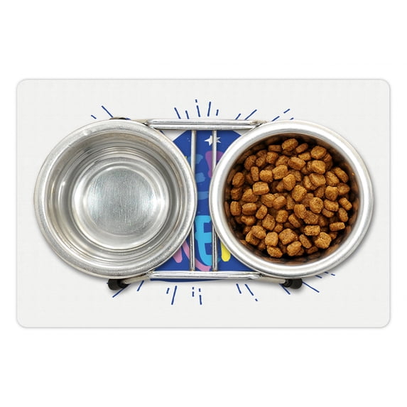 Saying Pet Mat for Food and Water, Blue Silhouette of Unicorn Head with Stars and Lettering Text Mythical Cartoon, Non-Slip Rubber Mat for Dogs and Cats, 18" X 12", by Ambesonne