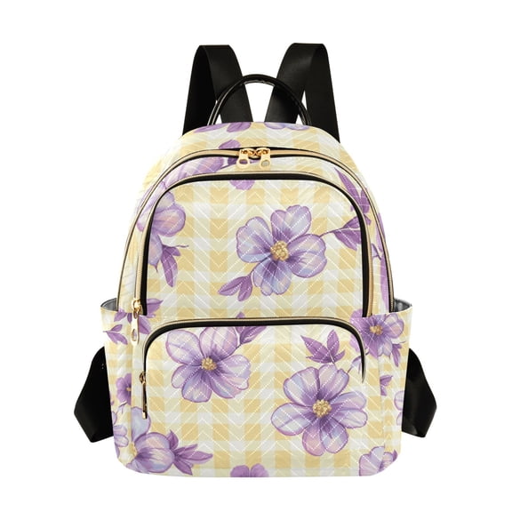 Yellow Plaids Purple Flowers Quilted Backpack Fashion Daypack Commuter Bag for Women 8.5 L