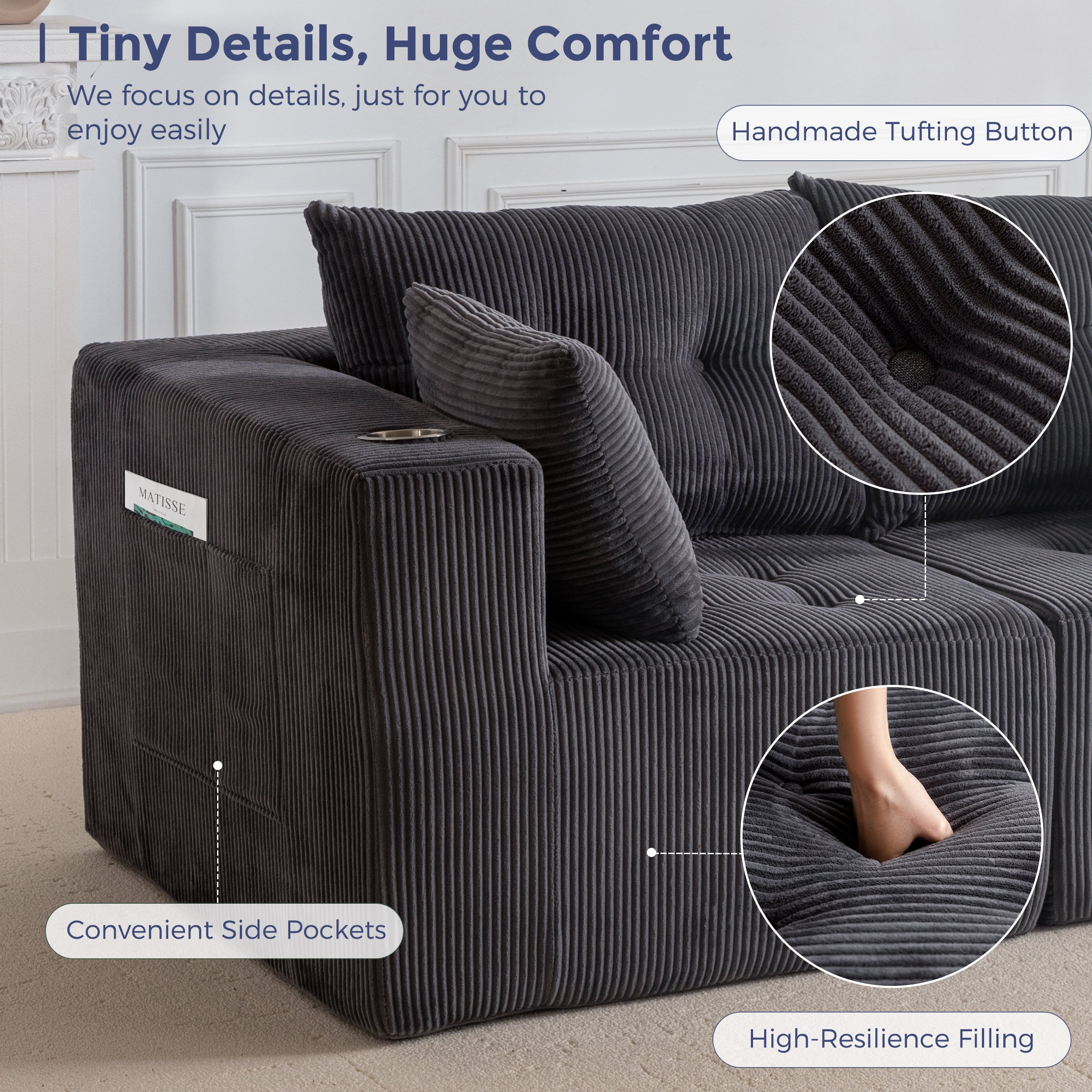 BYBYME Cloud Sectional Couch Loveseat Modern Comfy Modular Corduroy Sofa for Living Room,Tufted 2-Seat Sleeper Chair,Sofa in A Box,No Assembly Required,Grey