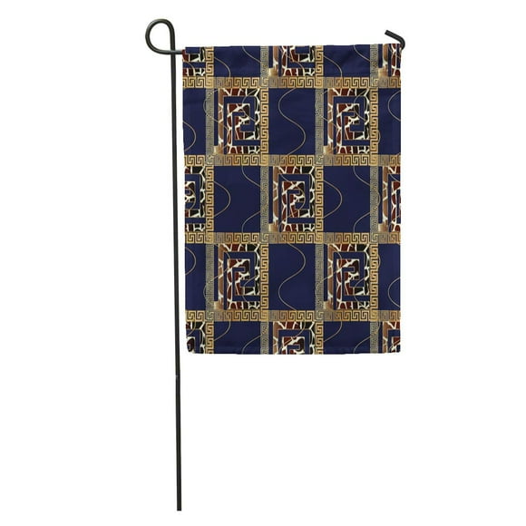 NUDECOR Modern Geometric Check Blue 3D Gold Meander Greek Key Crack Garden Flag Decorative Flag House Banner 28x40 inch
