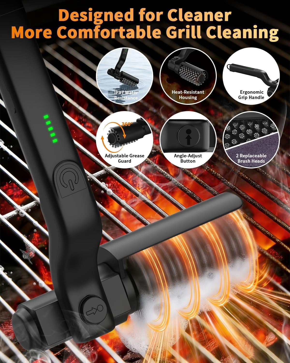 Electric Grill Brush, 3-Speed Rotary BBQ Cleaning Tool with 180° Adjustable Head,90-Minute Runtime,USB-C Rechargeable,Stainless Steel Bristle Brush for Gas,Charcoal and Ceramic Grills