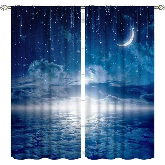 Night Sky Star Curtains,Fantasy Moon Cloud Scenery Dream Theme Blackout Rod Pocket Window Drapes Set For Living Room Bedroom Kitchen Decor 26"W x 63"L (Pack of 2)