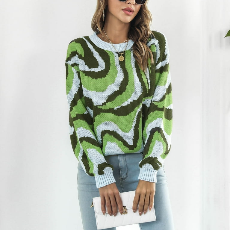 JSGEK Clearance Women s Fashion Tie Dye Sweater Long Sleeve Marble Graphic Print Round Neck Casual Knitted Pullover Jumper Tops Green L