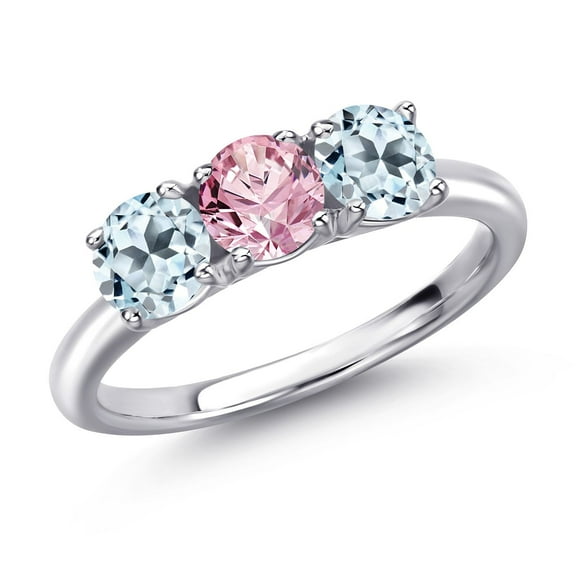 Gem Stone King 925 Sterling Silver Pink Lab Grown Diamond and Sky Blue Topaz Engagement Ring for Women | 1.90 Cttw | Round 5MM | Gemstone April Birthstone | Size 6