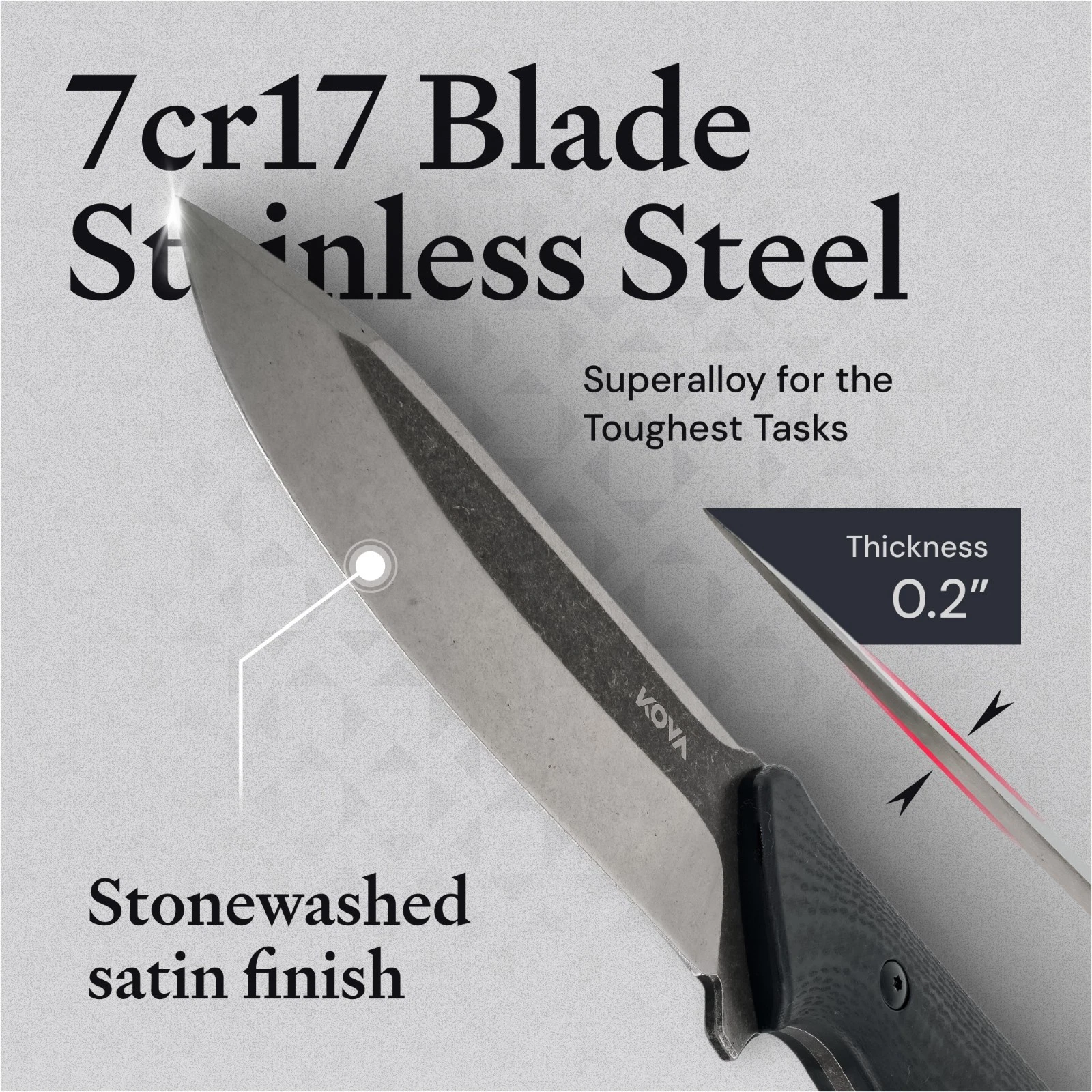 Kova Titan Ridge Elite Fixed Blade Knife – 6.5″ Stonewashed Stainless Steel Blade, G10 Handle, Kydex Sheath – Tactical & Heavy-Duty Outdoor Knife – 12″ Overall
