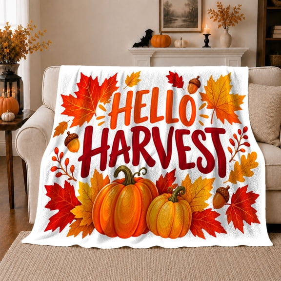 Hello Harvest Autumn Pumpkin Fall Foliage, Cozy Typography Art Scene, Warm Flannel Blanket for Living Room and Reading Nook, Art Lovers Thanksgiving Gift, Artistic Home Decor