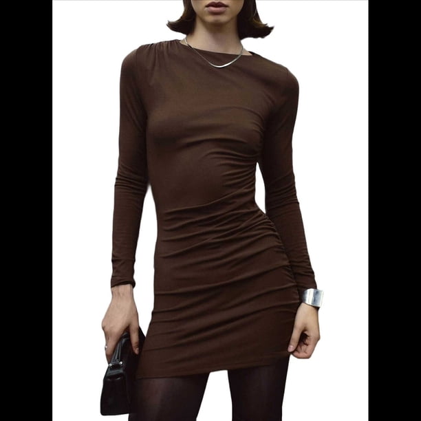 Vestido Corto Ajustado Básico de Punto de Larga para Mujer, de Otoño, para Fiesta, Cóctel o Noche Marrón M