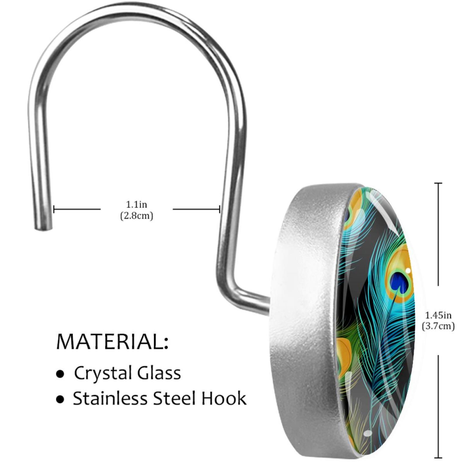 Peacock Feather Shower Curtain Hooks Round Crystal Glass, Set of 12 Shower Curtain Rings - Shower Hooks for Curtain Shower Rings