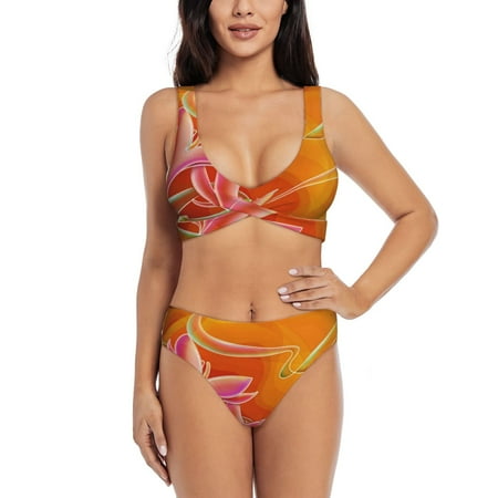Rocae Orange Flower Psychedelic for Bikini Set for Women Two Piece Sexy High Swimsuits Split Crossover Bikini X-Large