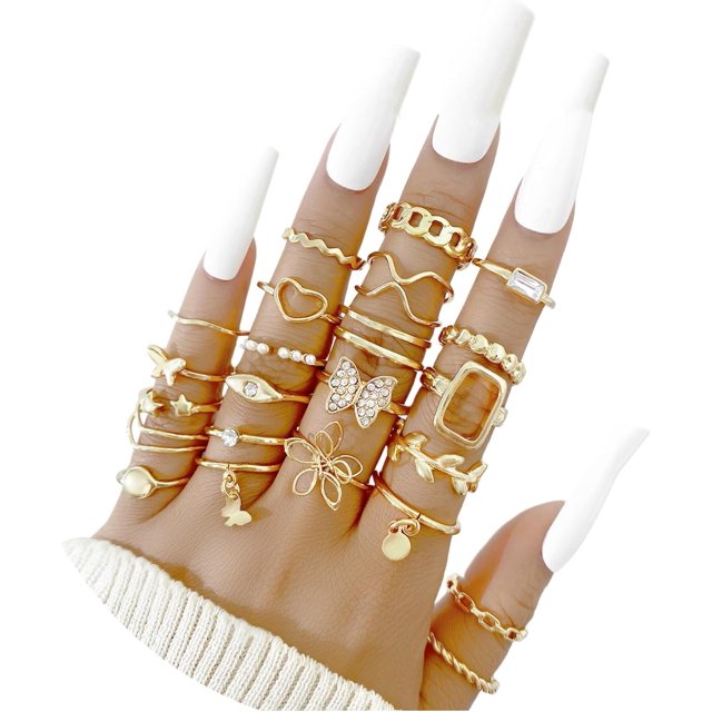 Juego de 22 anillos de nudillos de oro para mujeres, adolescentes y niñas, anillos de dedo bohemios apilables vintage, serpiente, mariposa, corazón, perla, anillos huecos geométricos, joyería de moda