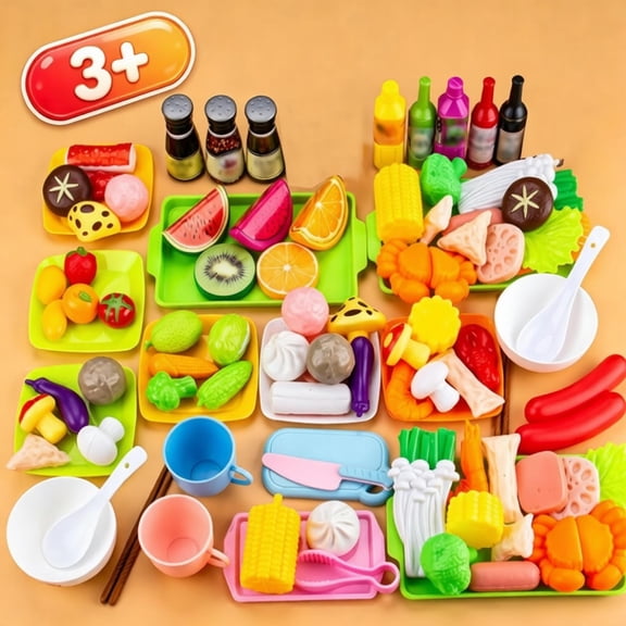 Kids Pretend Play Food Set with Fruits Vegetables Meat Desserts, Kitchen Toy with Plates Cups Utensils Trays, Educational Role Play Toy for Toddlers Boys Girls Ages 3 Birthday Gifts