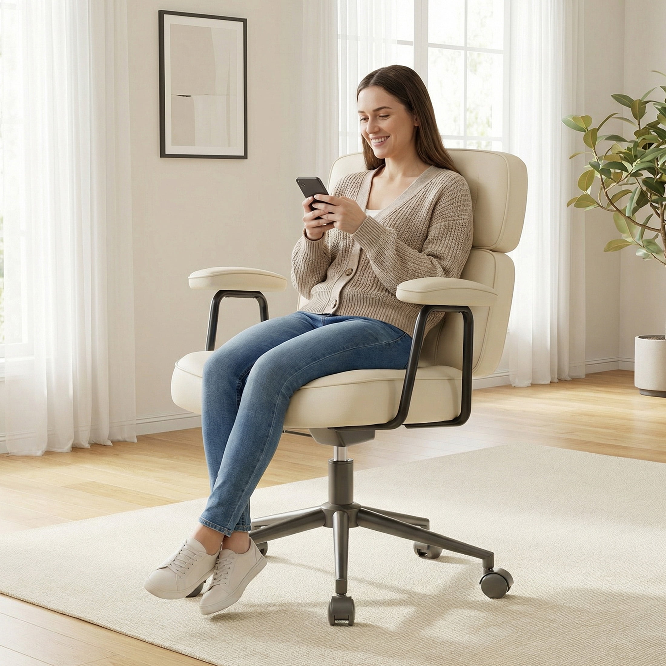 CONCETTA Ergonomic Office Chair, Soft PU Leather Adjustable Task Chair with Lumbar Support and 360° Swivel, Beige