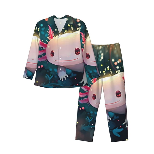 Balery Whimsical Axolotl Fantasy Pijama para Hombre de Dos Piezas con Manga Larga, Conjunto de Dormir y Descanso Suave con Bolsillos-Medium