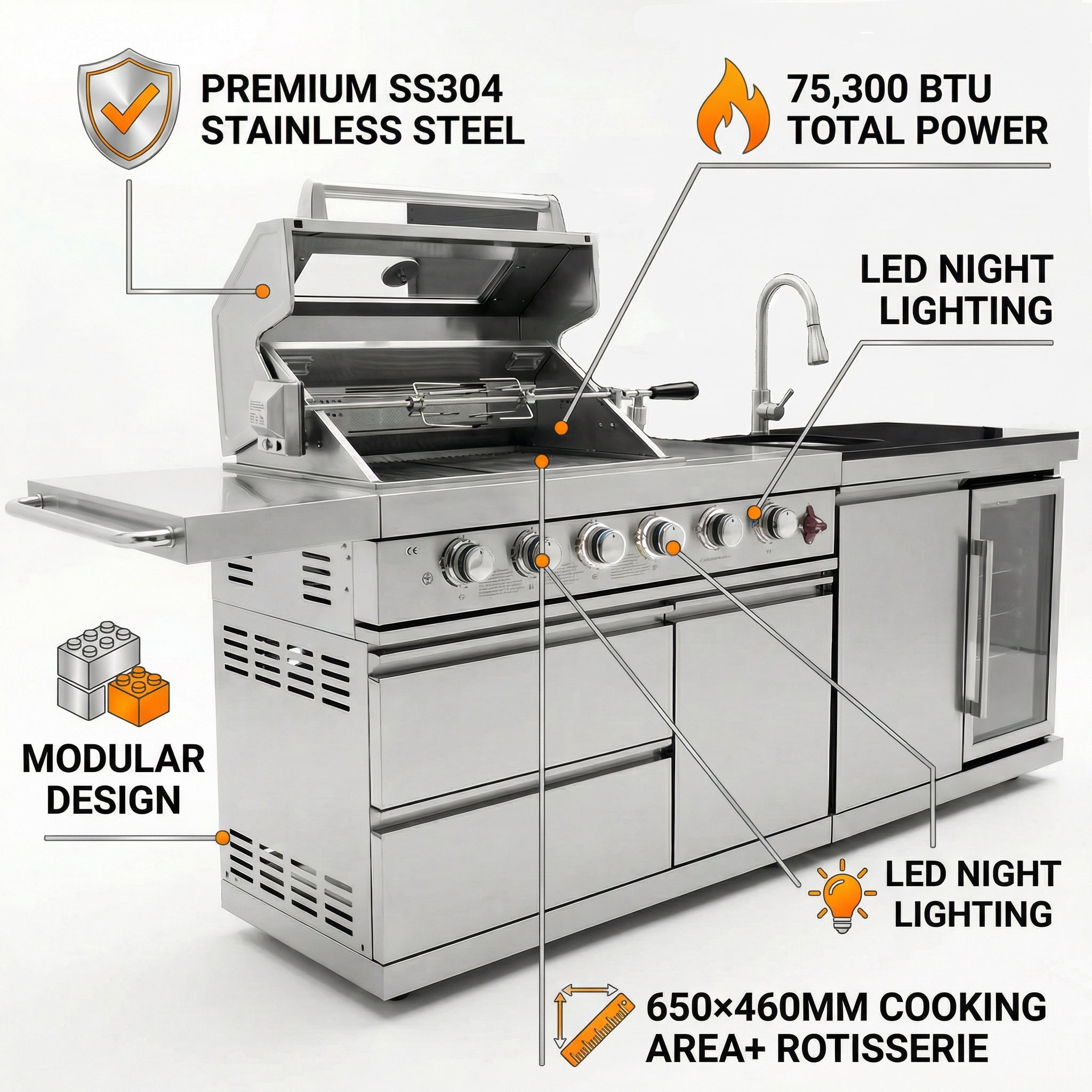 Outdoor Kitchen Sink & Fridge Combo, 70L Stainless Steel Refrigerator with Pull-Down Faucet, Black Granite Countertop, Modular BBQ Island Cleaning Station