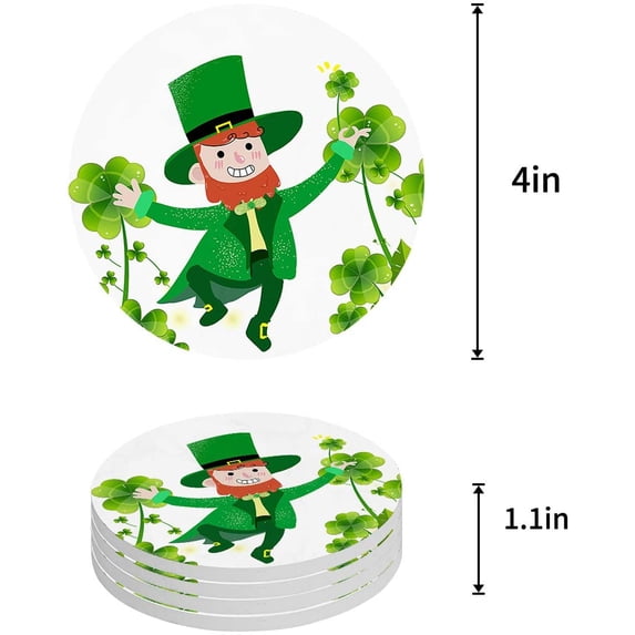 FMSHPON Happy St. Patrick's Day Clover Set of 6 Round Coaster for Drinks, Absorbent Ceramic Stone Coasters Cup Mat with Cork Base for Home Kitchen Room Coffee Table Bar Decor