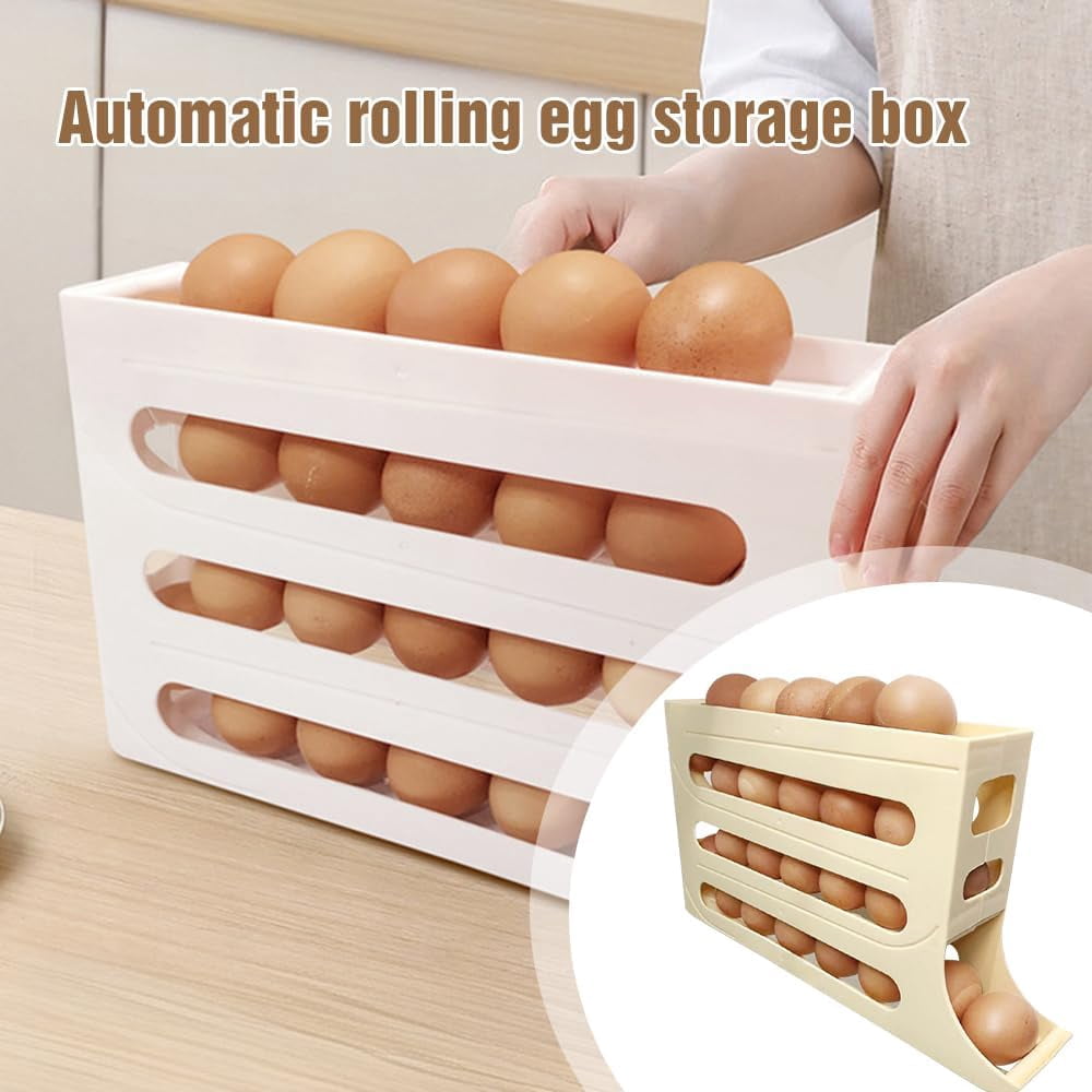 4 Tiers Egg Holder for Fridge, Automatic Scrolling Egg Rack Holder, Space-Saving Egg Dispenser Auto Rolling, Large Capacity Eggs Organizer Storage 30 Egg for Fridge, Kitchen (Transparent)