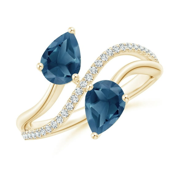 ANGARA Natural Pear-Shaped 1.6 ct London Blue Topaz Two-Stone Bypass Ring in 14K Yellow Gold for Women (Size-7x5mm) | November Birthstone Jewelry for Women | London Blue Topaz Ring (Ring Size - 7.5)