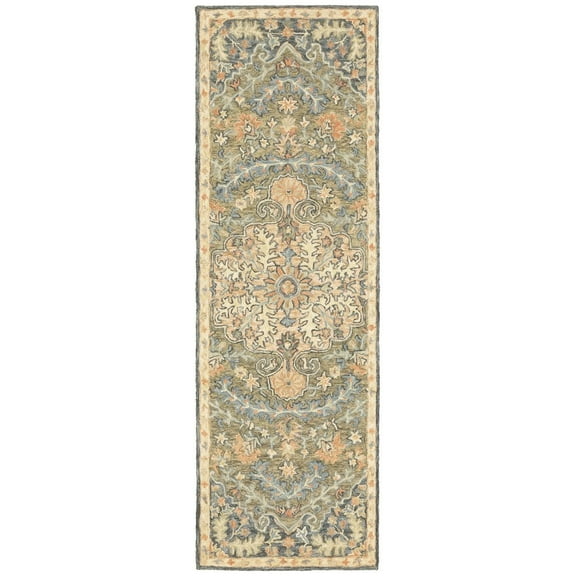 Oriental Weavers Alfresco Hand-made Wool Area Rug - 28401 - 2'6" x 8' - in Green/ Blue - Vintage Inspired, Hand-Made Wool Rugs, Entryway, Hallway Runner Rug