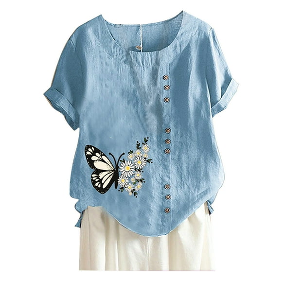 SHOPESSA Plus Size Clothes for Women Women's Summer O-Neck Short Sleeve Butterfly Printed Loose Shirt Tops Blouse