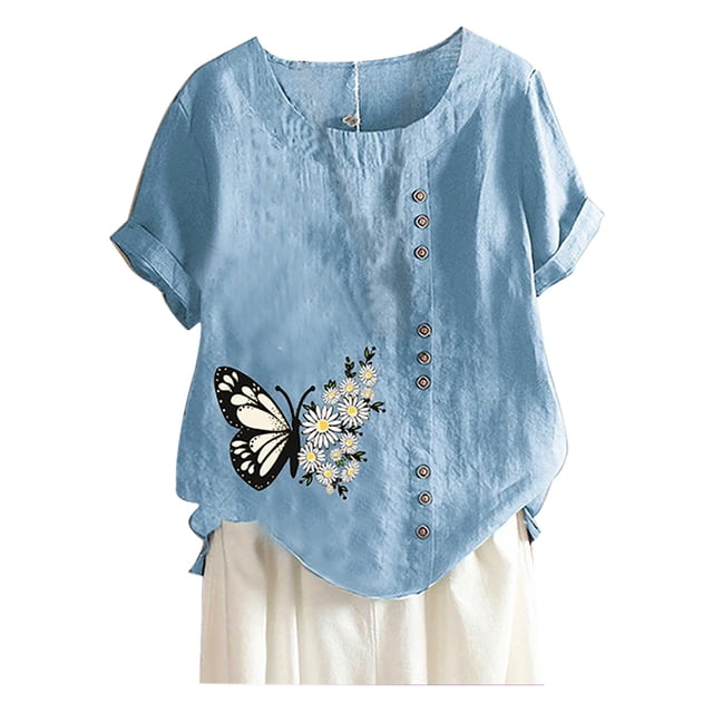 Heliisoer Chemise Ample d'Été pour Femmes à Col Rond et Manches Courtes avec Imprimé Papillon