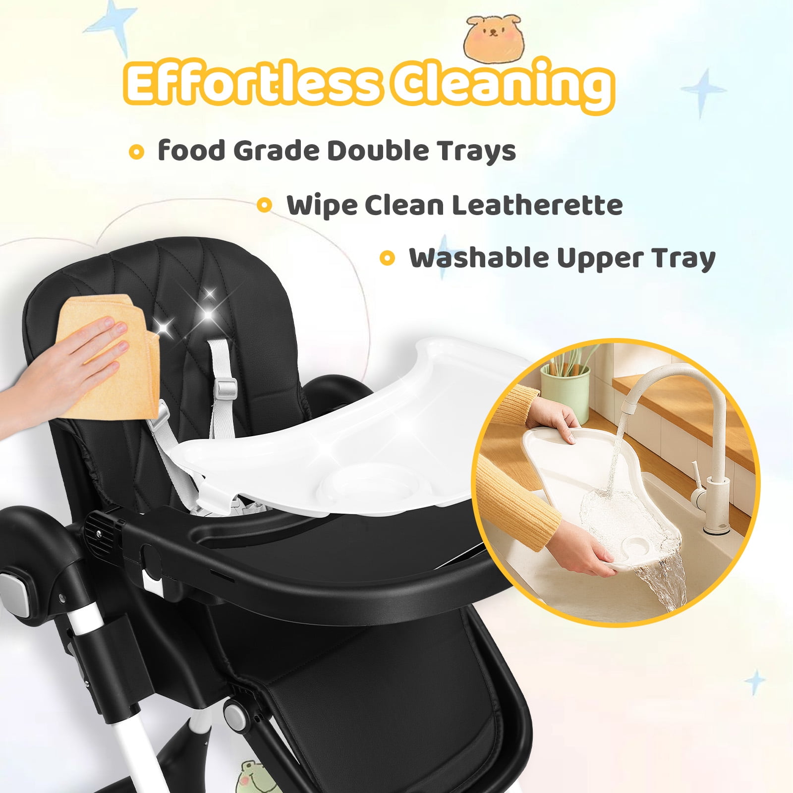 PEXMOR 4 in 1 Portable Baby High Chair, Convertible Foldable Highchair, Adjustable Height & Recline Positions, Black