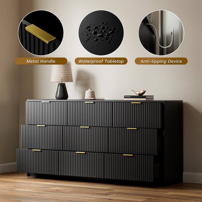 Furniway Fluted Large 9-Drawer Black Dresser