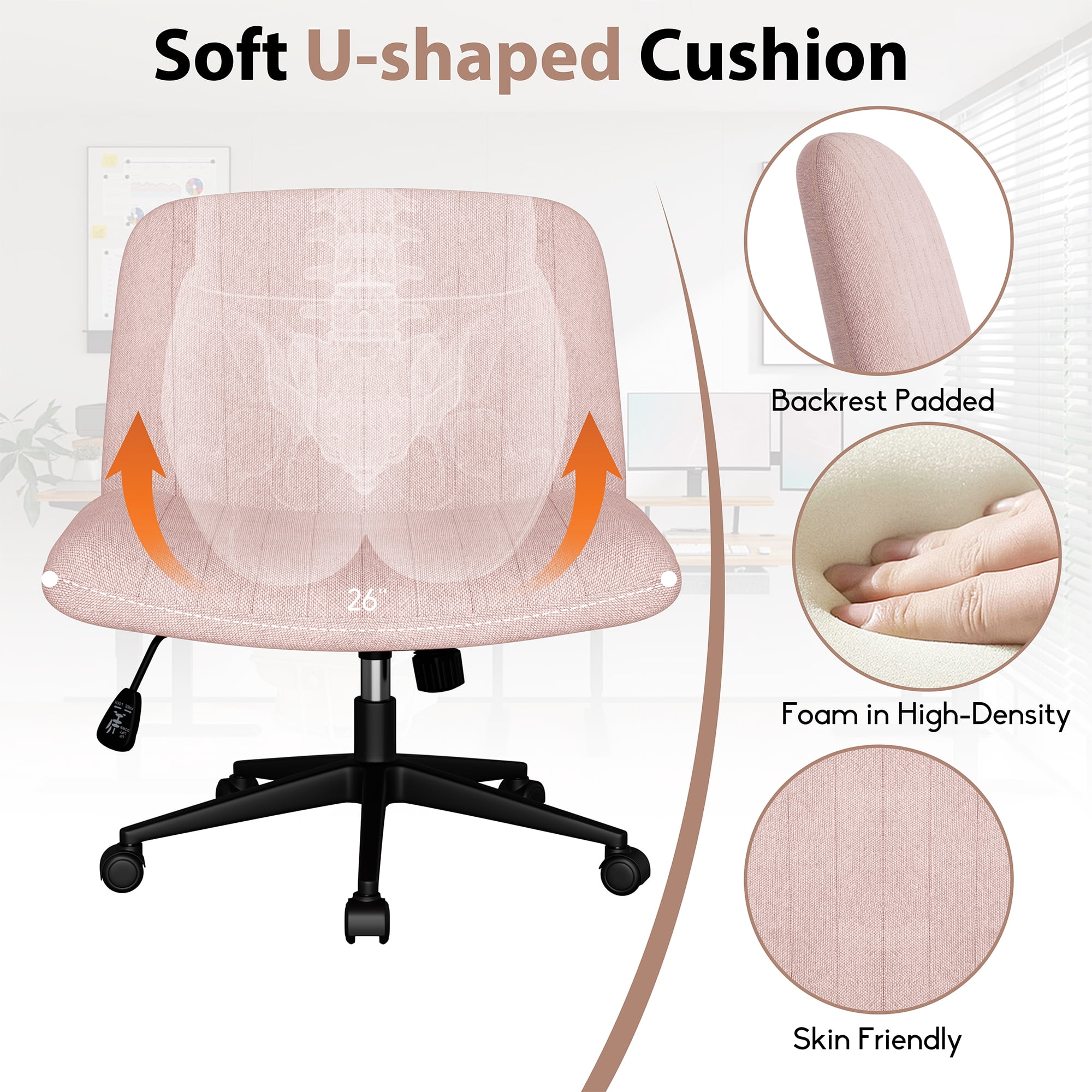 Walsunny Armless Criss Cross Home Office Chair, Fabric Vanity Desk Chair with Wheels, Wide Seat Swivel Task Computer Chair, Pink