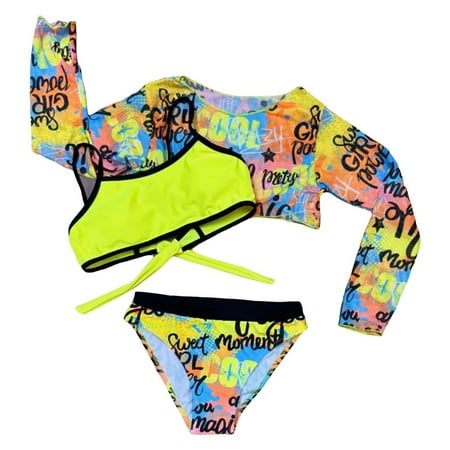 Little Girls  Swimsuits 3 Piece Fashion Prints Bikinis with Tops Bathing Suit Beach Swimwear for Kids Size 6-7T
