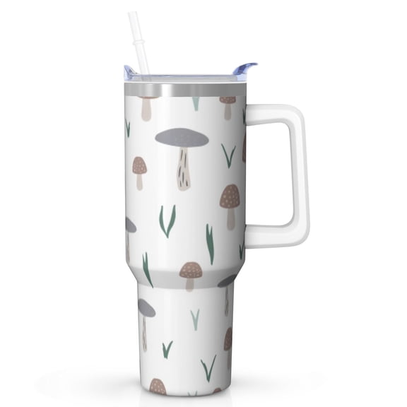 Whimsical Boho Mushroom Tumbler with Handle Lid Straw, Magical Forest Mushrooms Stainless Steel Insulated Travel Coffee Mug Cup, Psychedelic Trippy Fungi Gift for Women Men
