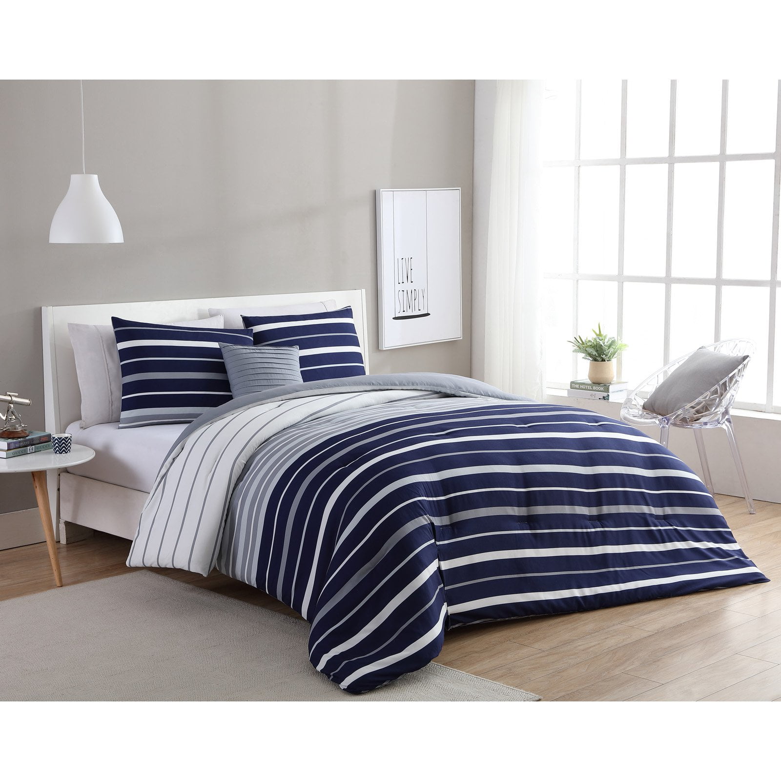 VCNY Home Navy/White Preston Stripe 3Piece Comforter Bedding Set