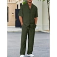 thumbnail image 4 of Men's 2 Piece Outfits Textured Button Short Sleeve Shirt Drawstring Waist Loose Pants Set Tracksuits Vacation Outfit Army Green L, 4 of 6
