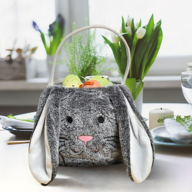 Fridja Easter Bunny Gifts Basket for Toddlers, Cute Soft Portable Lightweight Easter Bucket Bags with Rabbit Ears for Easter Eggs Hunting, Easter Decorations, Candy Gifts Storage (Gray)