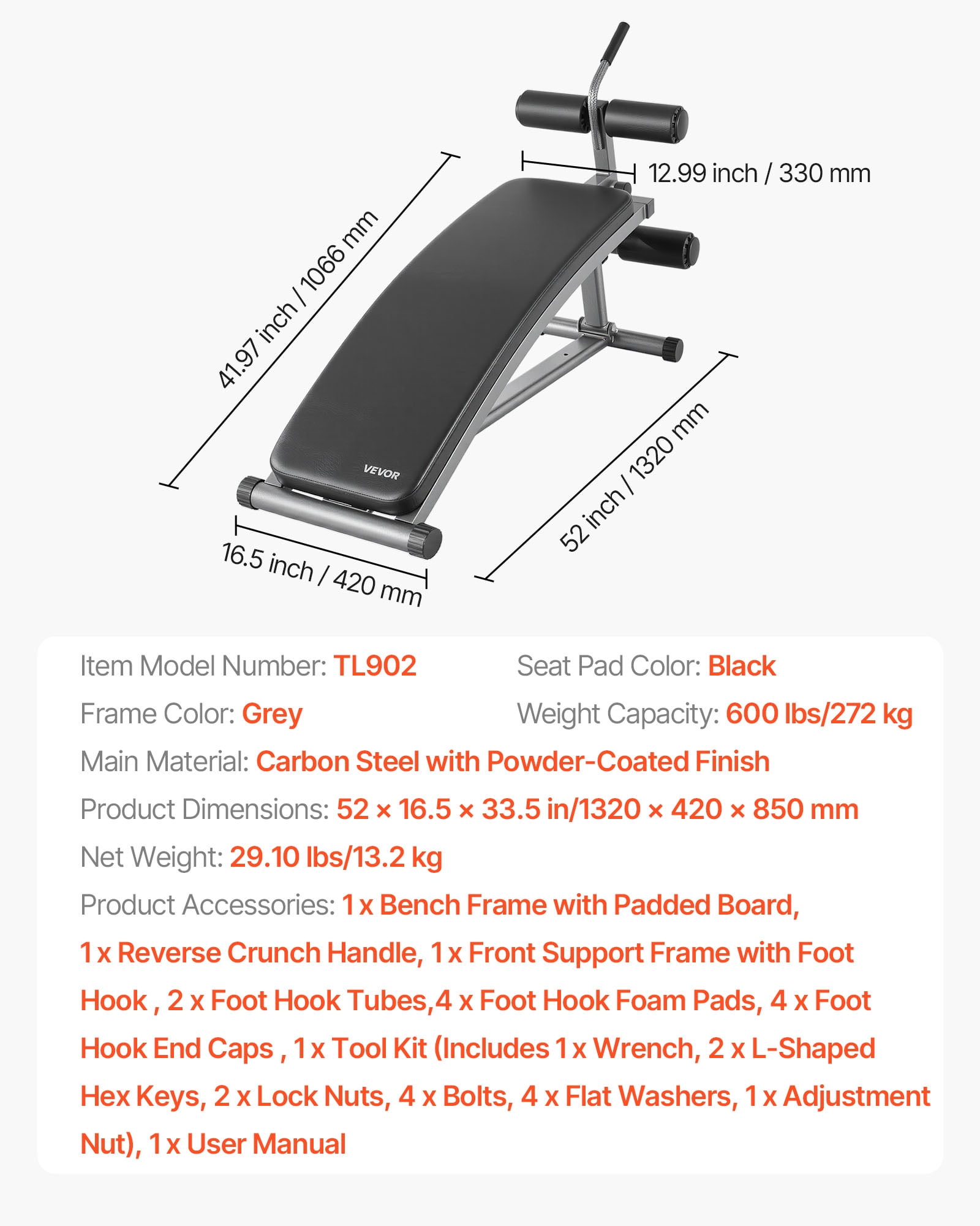 VEVOR Sit Up Bench, Curved Decline Ab Bench with Reverse Crunch Handle, with 6 Adjustable Height Setting, Heavy Duty Steel, 600 Lbs Capacity for Home Gym Workouts, Strength Training,Full Body Muscles