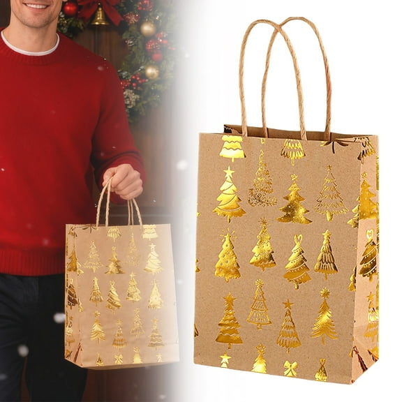 Yaouit Christmas Gift Bags, Bronzing Gift Bags, Gold Foil Kraft Paper Bags with Handles for Xmas Birthday Shopping Wedding Party Favor Supplies