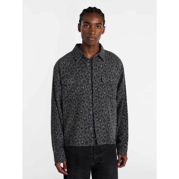 No Boundaries Cotton Boxy Cropped Fit Printed Flannel Shirt with Long Sleeves, Men's XS-5XB
