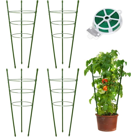 Plant Support Tomato Cages for Garden,4 Pack 18 inch Tomato Stakes Plant Stakes for Climbing Plants Adjustable Plant Trellis for Peony Support(4 Pack with 20M Garden Twist Tie)
