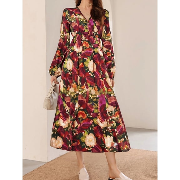 OYYN Dresses for Women Floral V-Neck Lantern Long Sleeve Midi Dress Casual Tunic A-Line Wedding Guest Sundress