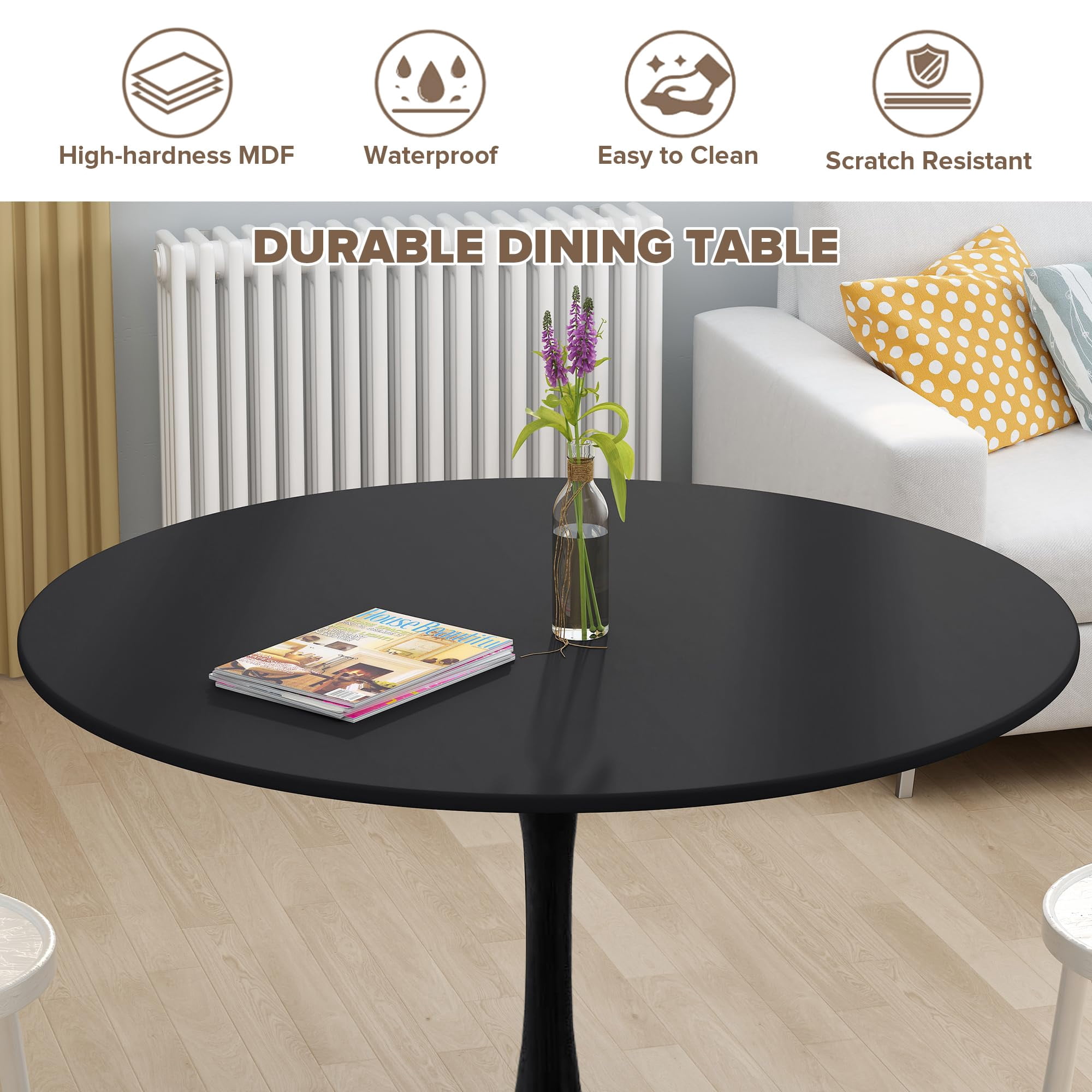 Miniyam 42" Round Pedestal Dining Table for 4-6, Small Kitchen Table with Wood Top, Black