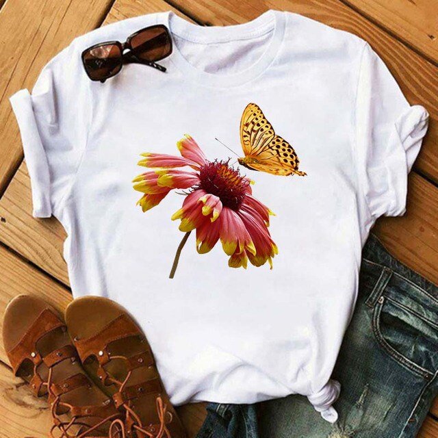 T-shirt Femme Imprimé Mode Fleur Papillon Manches Courtes Décontracté Haut Graphique