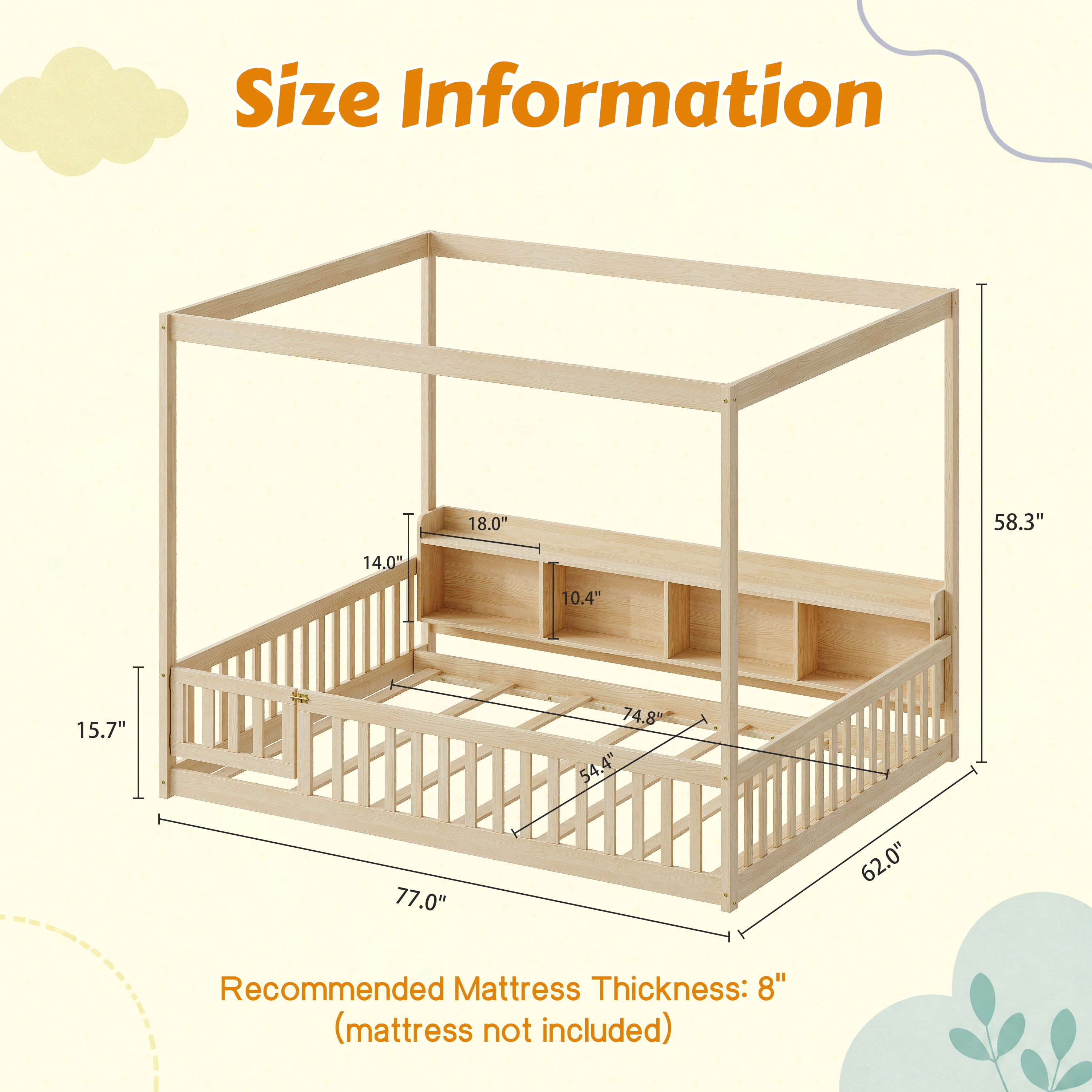 GARITIN Full Size Montessori Floor Bed, Headboard with Open Storage Cubbies, 4-Sided Guardrails with Access Door, Dual-Use Bed for Sleeping & Playing, Natural