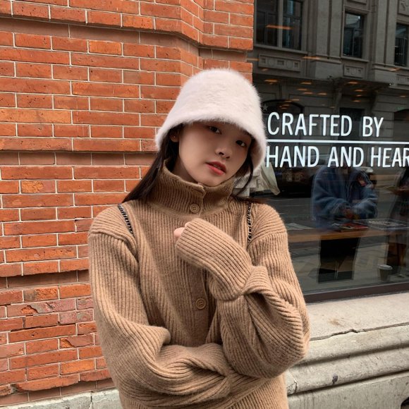 Zhengup Hat Black Knitted Plush Fisherman Hat Female Autumn And Winter Version Of The Big Head Enclosure Barrel Hat, Japanese