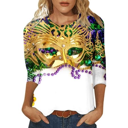 PMUYBHF Mode Femme Carnaval Imprimé Numérique Décontracté Manches Trois-Quarts Col Rond T-Shirt Haut 8021 TG