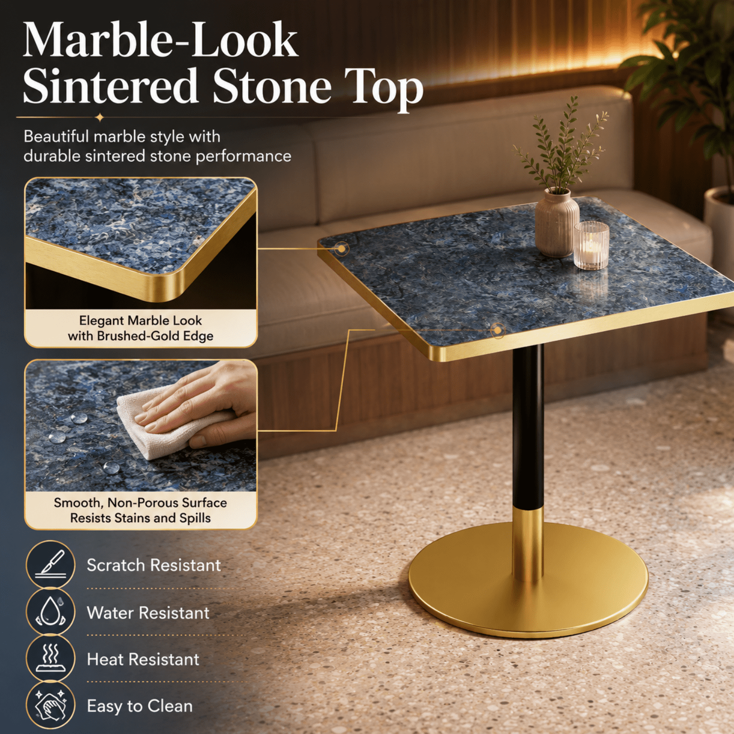 Miniyam 31.5 in Square Dining Table for 2-4, Marble-Look Sintered Stone Top, Stainless Steel Pedestal Base for Small Space, Blue