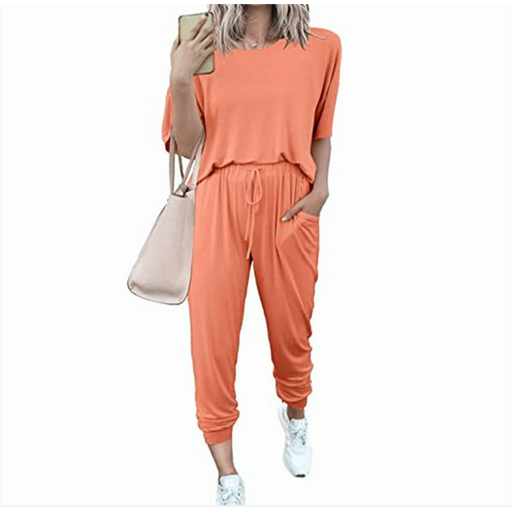 Hilltip - Women's Two Piece Outfit Short Sleeve Pullover With Drawstring Long Pants With Pockets