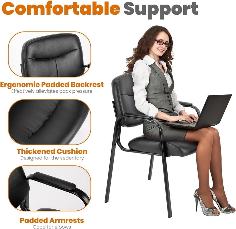Office Conference Chairsm, Stationary Reception Guest Armchairs with Leather Padded Seat & Arms, No Wheels, for Lobby or Waiting Room