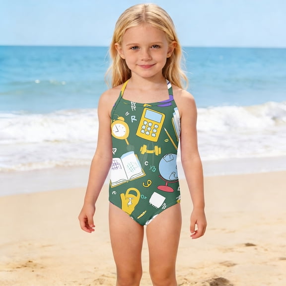 CCRFTGI Girls Swimsuit 10-12 Summer One Piece Beach Swimwear Cute Notebook Bikini Sets Swimming Girls Fashion Bathing Suits for Kids Green 7-8 Years