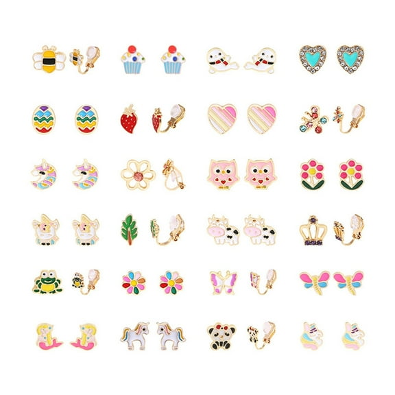 24 Pairs Cute Animals Heart Flowers Fruit Earrings Clip-on Earrings Set Mixed Color Painless Non-perforated Earrings