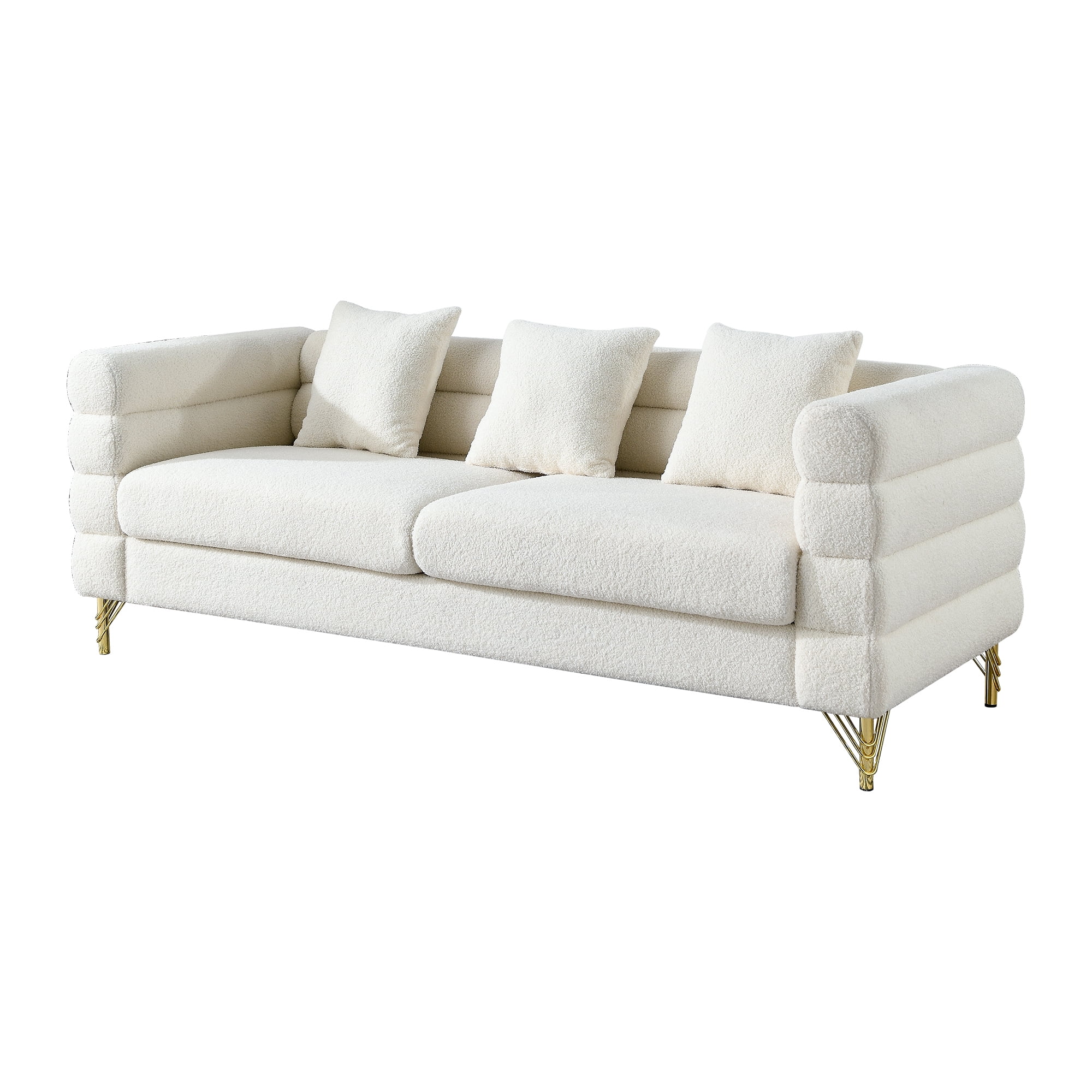 Kadyn 81" Loveseat 3 Seater Sectional Sofa, Fabric Sofa with 3 Pillows, Upholstered Sofa Couch for Living Room, White Teddy