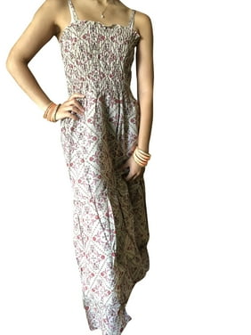 Mogul Women Summer Maxi Dresses Grey Maroon Printed Dress Hand made Cotton Spaghetti Strap Sundress M