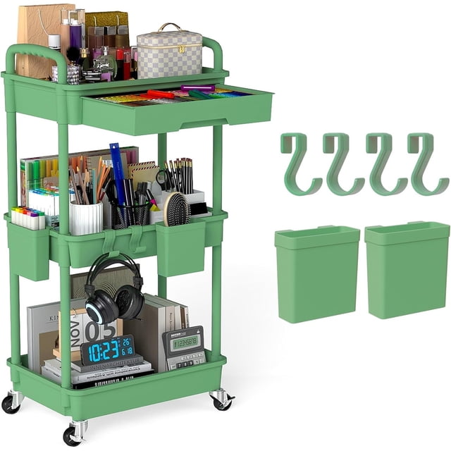 LLMRR 3 Tier Rolling Utility Cart with Drawer, Cart with Drawer & Handle, Bathroom Cart Organizer, Rolling Storage Cart with Drawer, Rolling Cart with Lockable Wheels for Kitchen, Office, Green
